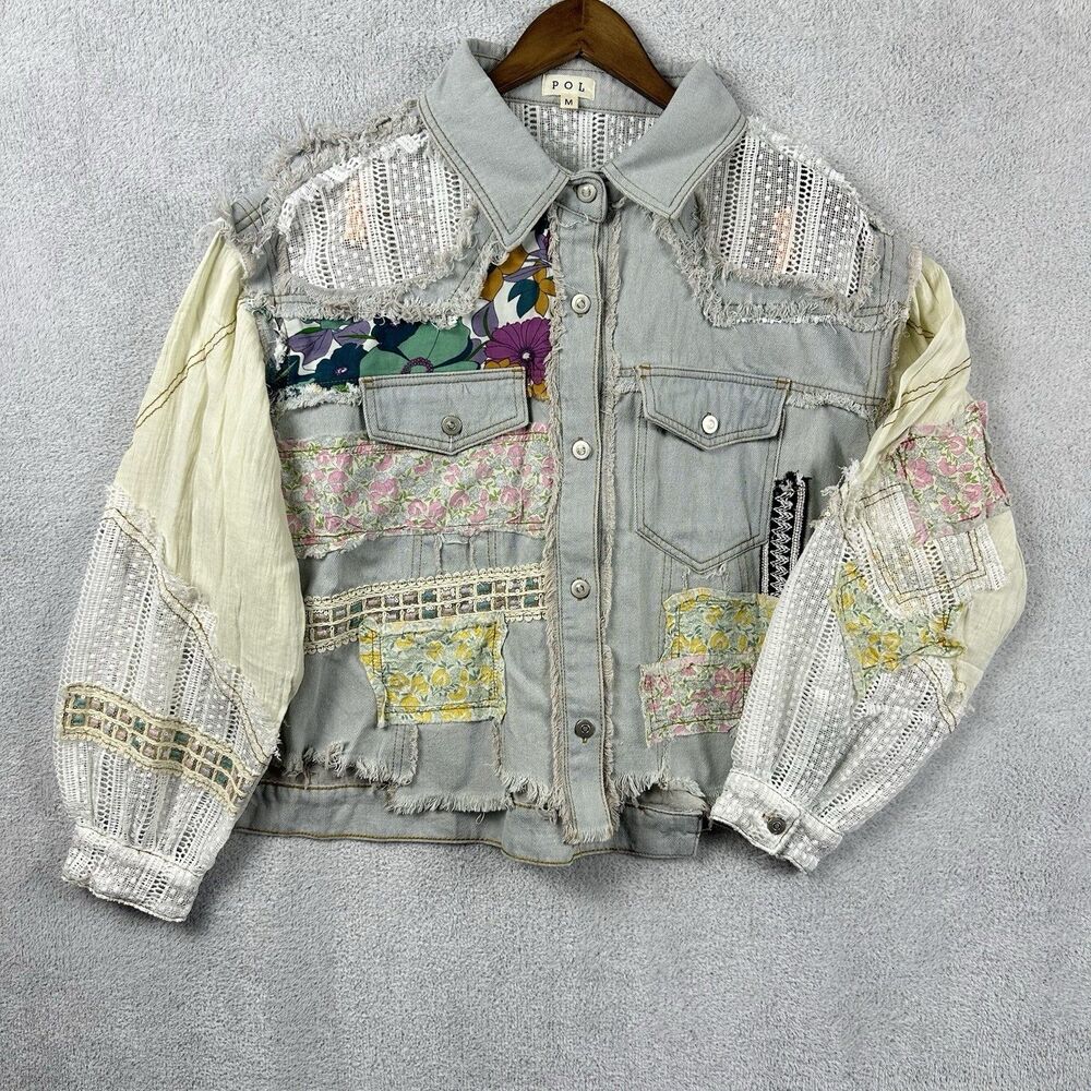 Pol Patchwork Lace Denim Distressed Jacket Boho C… - image 1